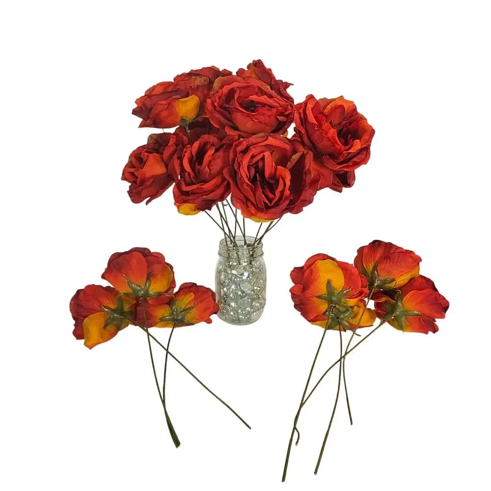 Artificial Large Red Orange Roses 18 Stems Faux Silk Fall Wedding Floral  Lot